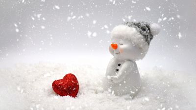 Snowman, Red heart, Cute figure, Snowfall, Christmas decoration, 5K