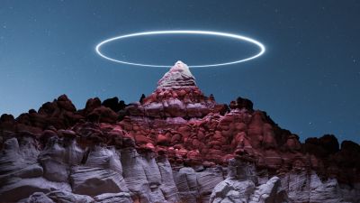 Circle light, Mountain Peak, Night, Illuminated, 5K