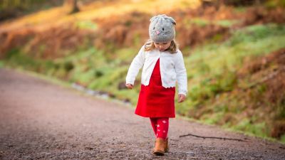 Cute Girl, Child, Adorable, Road, Red dress, Winter, Cold