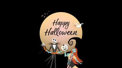 Happy Halloween, The Nightmare Before Christmas, 5K, AMOLED, Black background, Jack Skellington, Sally