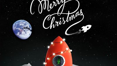 Merry Christmas, Rocket, Moon, Earth, Surreal
