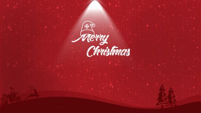 Merry Christmas, Red background, Snowfall, Santa Claus, Red aesthetic, 5K, Santa hat, Winter