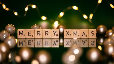 Merry Xmas, Scrabble letters, Wooden Blocks, Christmas lights, Bokeh, Aesthetic Christmas, 5K, Navidad, Noel