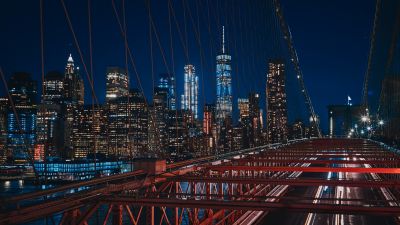 Brooklyn Bridge, 5K, Manhattan, New York City, Cityscape, City lights, Night, Urban