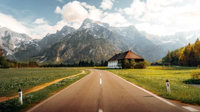 Landscape, Austria, Almsee, Road, Mountains, Scenery, 5K