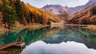 Orceyrette Lake, France, Scenery, Outdoor, Autumn background, Fall, 5K, 8K, Wooden pier