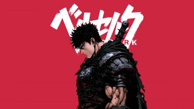 Guts, 5K, Berserk, Dragon Slayer, Red background