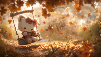 Hello Kitty, Autumn background, 5K, 8K, Adorable, Swing, Surreal, Aesthetic