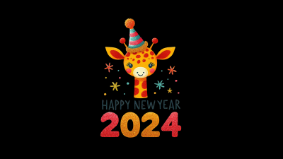 Happy New Year 2024, Giraffe, Cute art, AI art, Black background, AMOLED, 5K, 8K