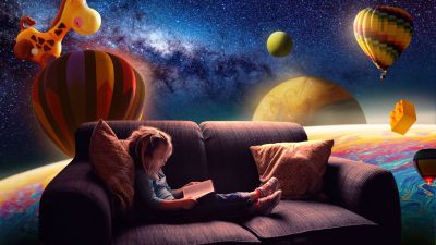 Cute Girl, Reading book, Couch, Floating, Outer space, Dream, Surreal, Hot air balloons