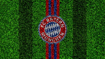 FC Bayern Munich, Green background, 5K, Green Grass, Logo