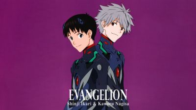Shinji Ikari, Kaworu Nagisa, Neon Genesis Evangelion, Purple background, 5K, 8K