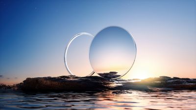 Sunset, Mirror, Spheres, Rocks, Body of Water, Reflection