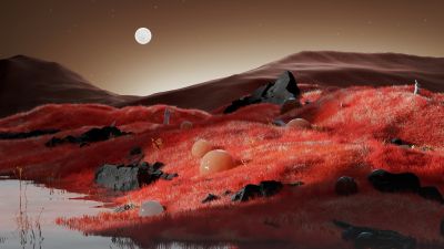 Red planet, Landscape, Full moon, Grass field
