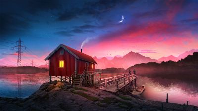 Cozy, Cabin, Sunset, Couple, Romantic, Crescent Moon, Aesthetic, Tranquility, Serene, Peaceful, Wooden pier