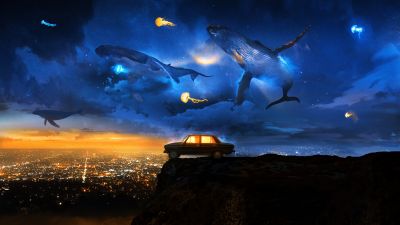 Flying, Whales, Dreamlike, Cliff, Creative, 5K, 8K, City night, Jellyfishes