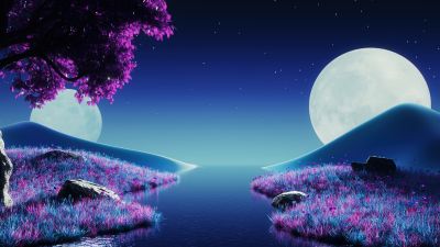 Purple aesthetic, Landscape, Moon light, Nightscape, Surrealism, Blue aesthetic, River, Lavender