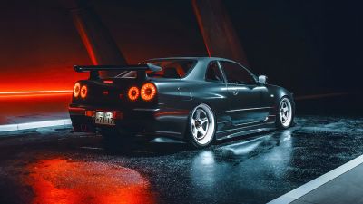 Nissan Skyline GT-R R34, 5K, JDM cars, Digital Art, Neon