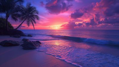 Tropical beach, Aesthetic, Sunset, Purple sky, Palm trees, Calm, 5K