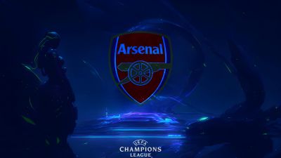 Arsenal FC, UEFA Champions League, Neon background, Blue aesthetic, Logo, Football club