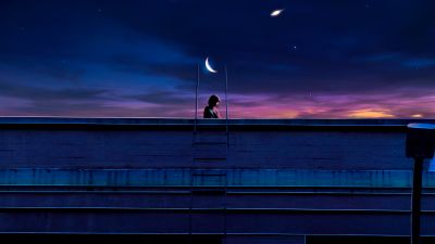 Lofi girl, Illustration, 5K, Crescent Moon, Sad girl