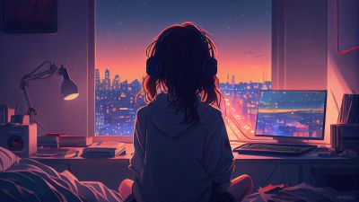Lofi girl, Listening music, Window, 5K