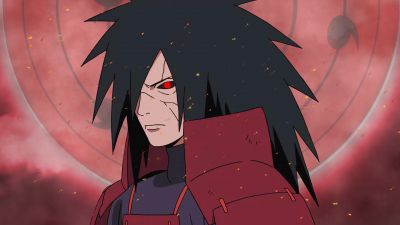 Madara Uchiha, Sharingan, Naruto, Red background