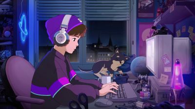 Lofi boy, Synthwave, 5K, Anime girl, Listening music