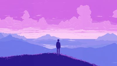 Lofi boy, Landscape, Pixel art, Purple sky, Retro style, Silhouette