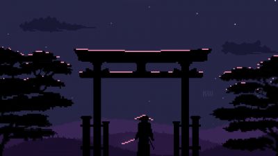Samurai, Pixel art, Torii gate, Japanese tradition, Dark aesthetic, Retro style