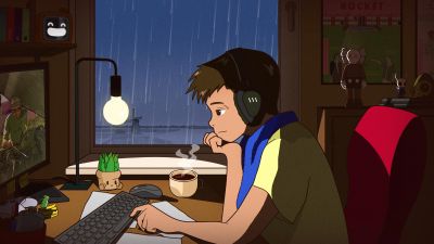 Lofi boy, Listening music, Indoor, Working, Alone, Kaws, Desk