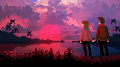 Love couple, Pixel art, Sunset, Retro style, Hands together