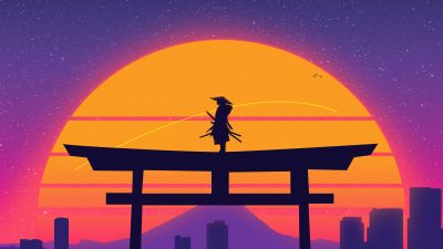 Samurai, Torii gate, Japanese, 5K, Sunset, Vaporwave, Digital art, Synthwave