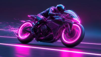 Biker, Neon art, Racing bikes, Neon glow, Neon background, 5K