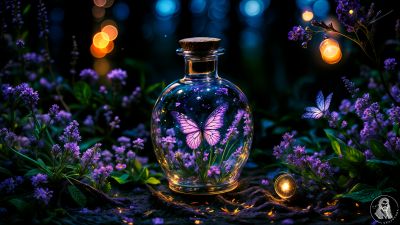 Glass bottle, Morpho butterfly, Purple aesthetic, Illumination, Bokeh Background, Night, Lavender, Dreamlike, Girly backgrounds