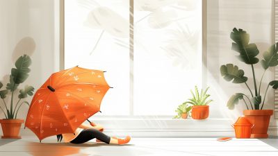 March, Spring, Girl, Window, Umbrella, Orange aesthetic, Sunlight, Illustration
