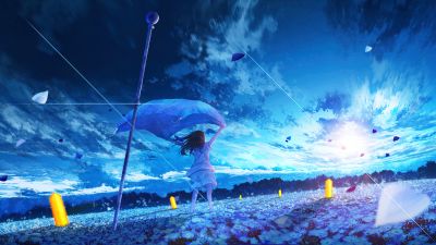 Morning breeze, Blue aesthetic, Anime girl, Scenery