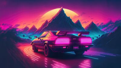 Outrun, AI art, Neon, Retrowave, Synthwave, Sunset, Mountains, 5K, Highway