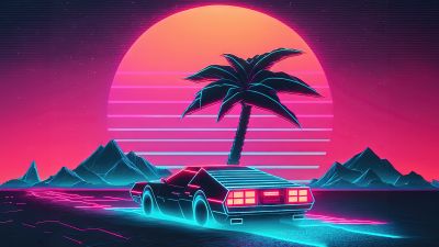 Neon, Outrun, RetroWave art, Synthwave, Sunset, Mountains, 5K