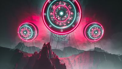 Aliens, Spaceship, Neon background, Futuristic, Digital Art, Mountains, 5K
