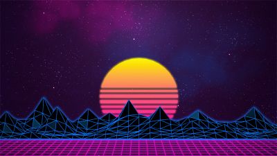 Retrowave, Sunset, Outrun, Grid lines, Neon