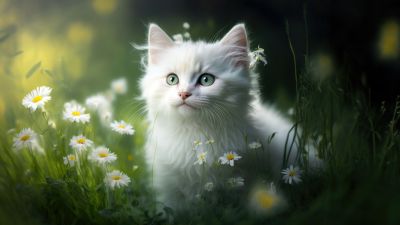 White fur, Kitten, Daisy flowers, Green Grass, White aesthetic, 5K, AI art