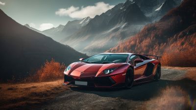 Lamborghini Aventador, Orange aesthetic, Autumn background, Roadway, Autumn Scenery, AI art, 5K