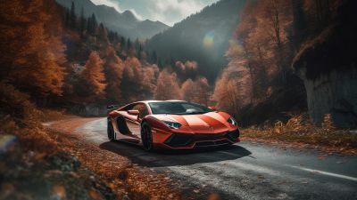 Lamborghini Aventador, Autumn background, Roadway, Orange aesthetic, 5K, Autumn Scenery, AI art