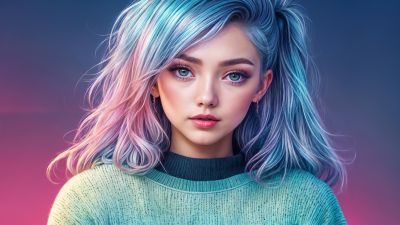 Blue hair, Asian Girl, AI art, Blue eyes