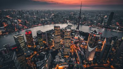 Shanghai City, Illuminated, Skyline, Aerial view, China, 5K, Skyscrapers, Urban, Metropolitan