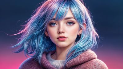 Asian Girl, AI art, Blue hair, Blue eyes