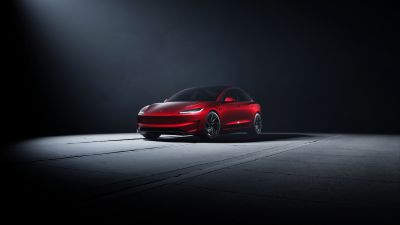 Tesla Model 3, 2024, Performance car, Dark background, Red cars