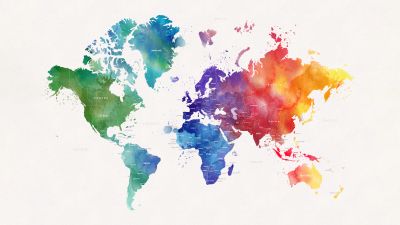 World map, Watercolors, Colorful, 5K