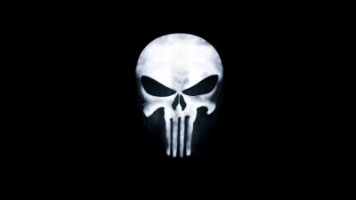 The Punisher, Skull, Black background, 5K, 8K, The Punisher logo, AMOLED